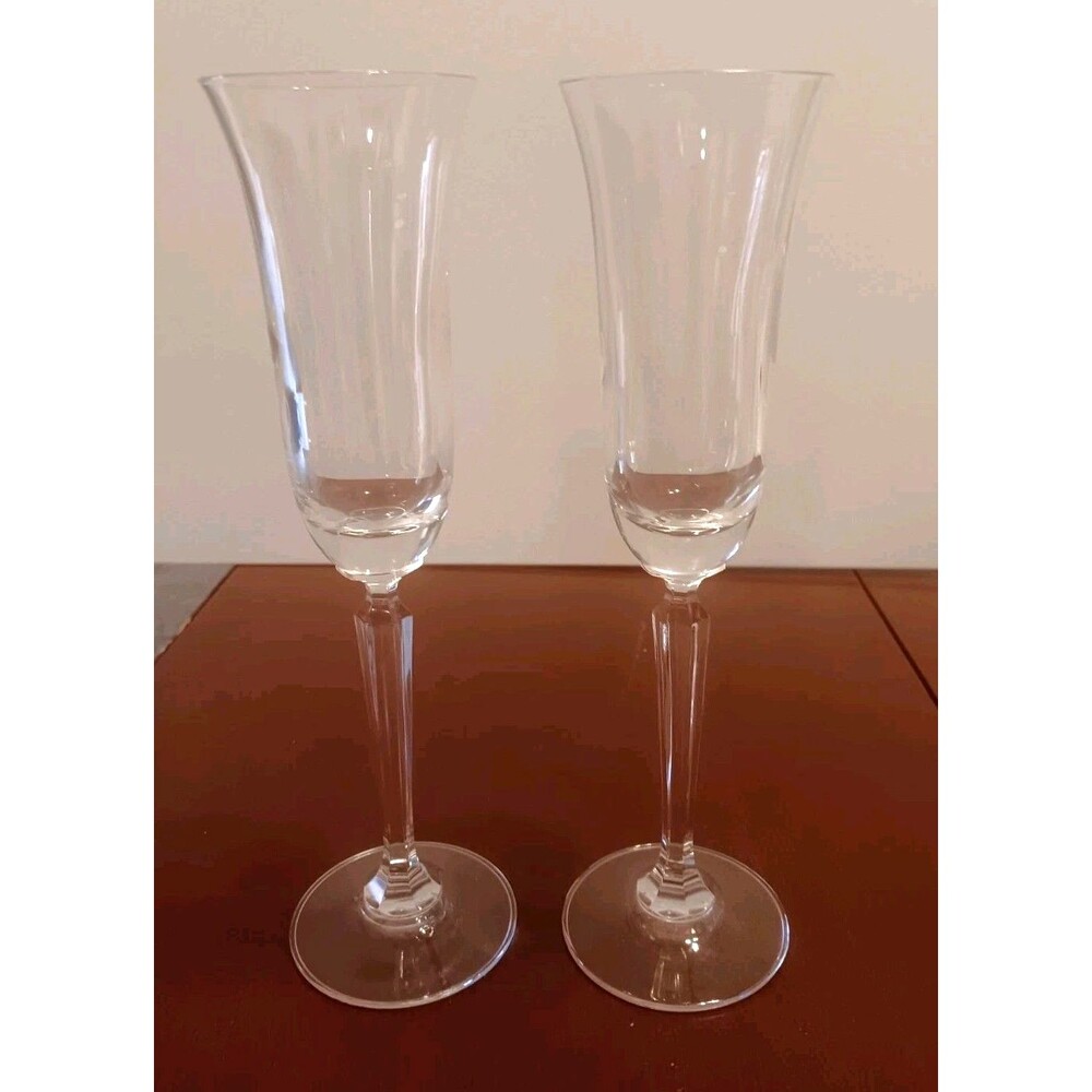 Vtg Set of 2 Signed Mikasa Crystal Champagne Flutes - Jamestown Trumpet Stemware